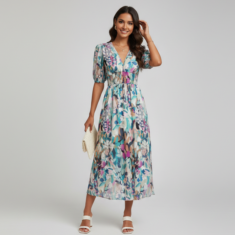 Eliana | Floral Puff Sleeve Midi Dress