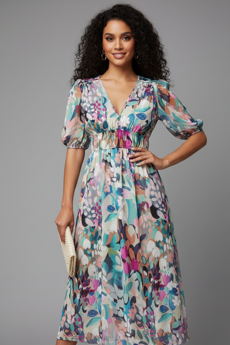Eliana | Floral Puff Sleeve Midi Dress