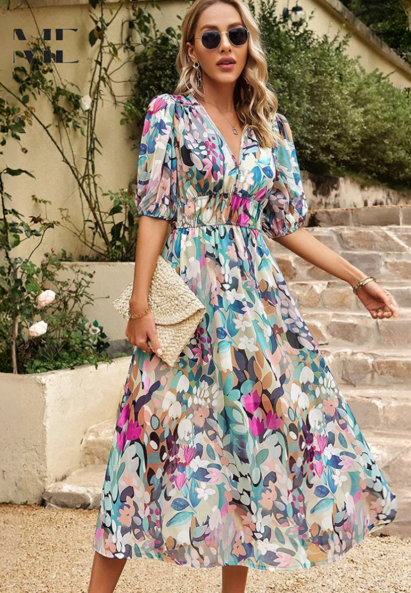 Eliana | Floral Puff Sleeve Midi Dress