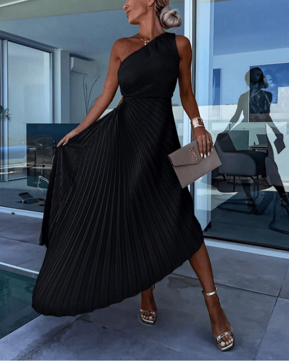 Addison | Graceful One Shoulder Pleated Maxi Dress